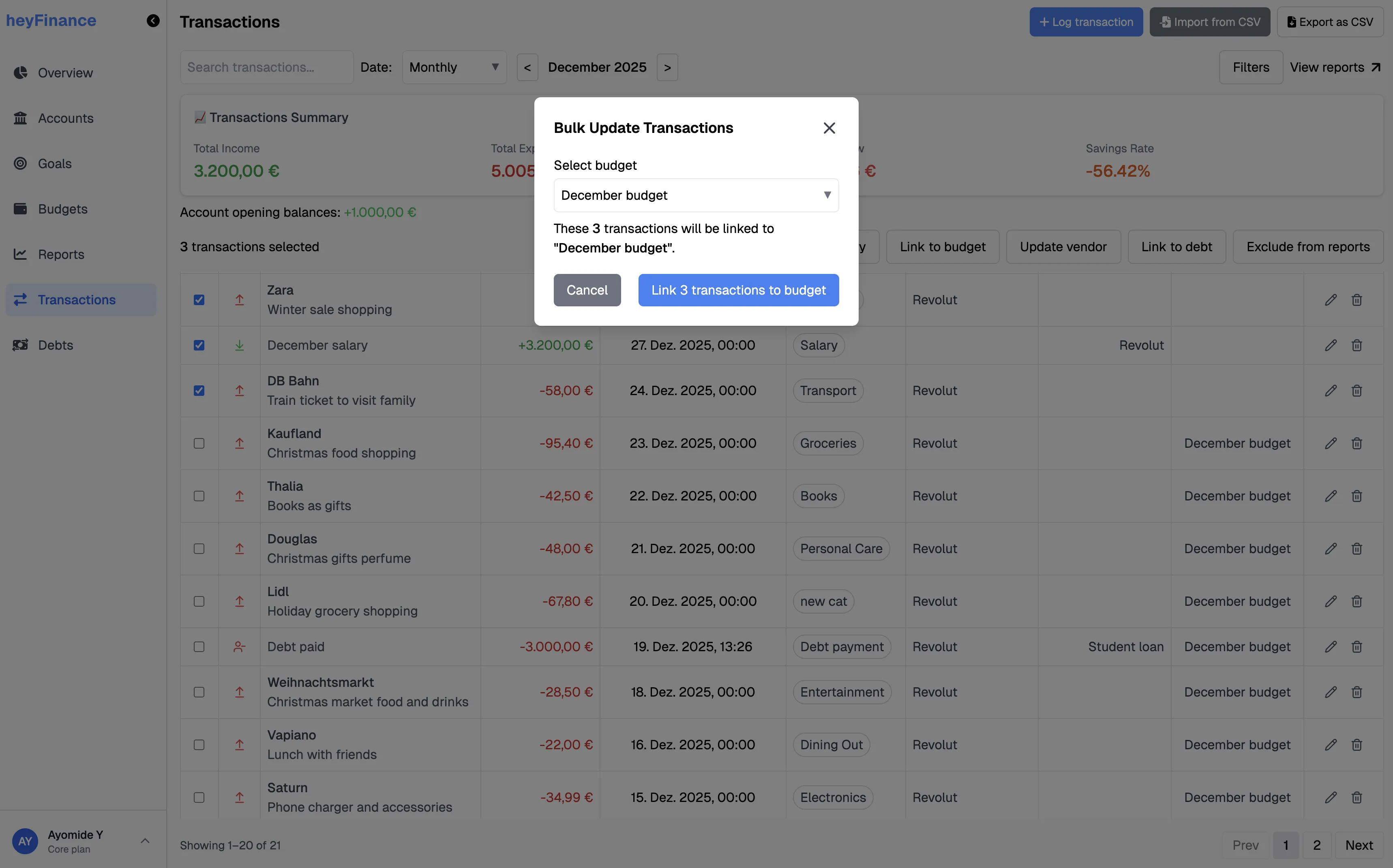 Transactions linked to a budget