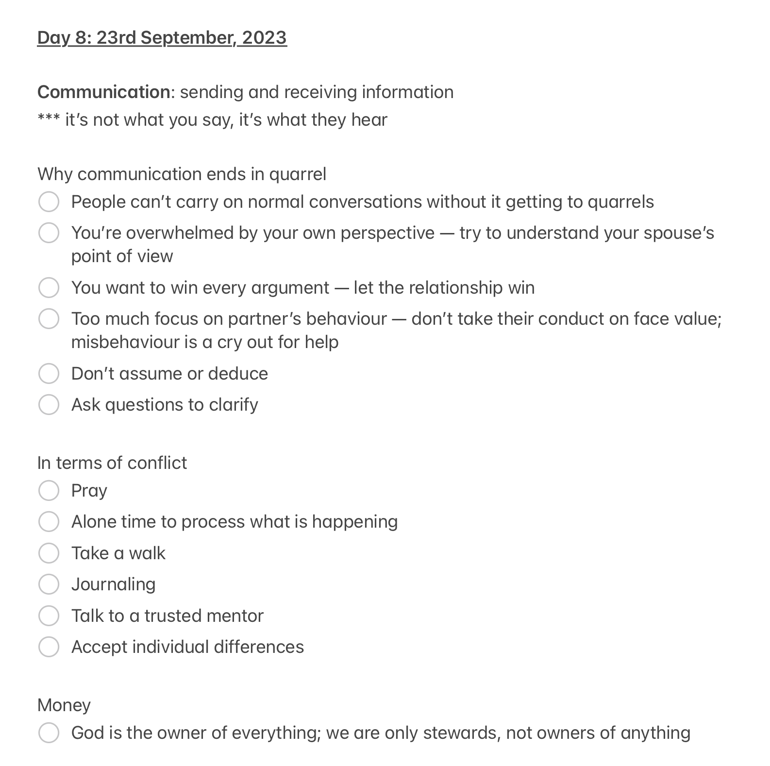 Notes from counselling session